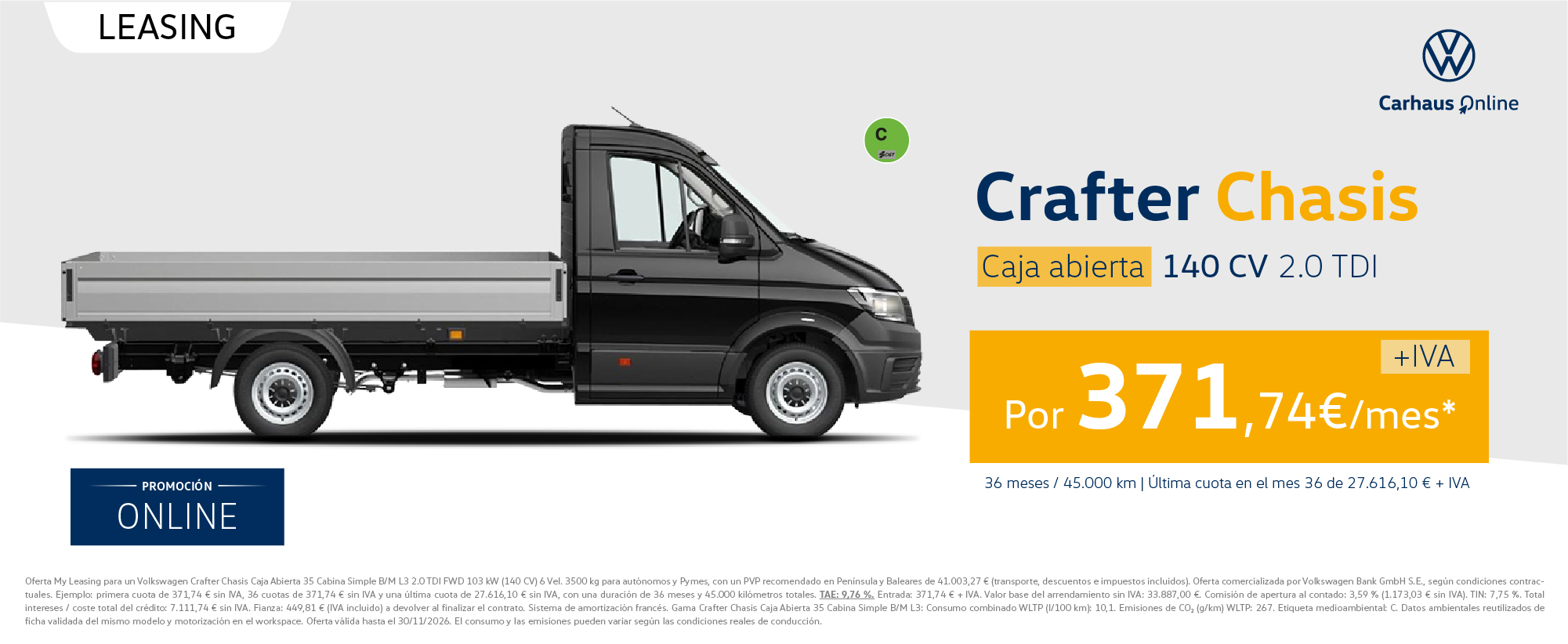 ¡Leasing! Crafter Chasis desde 371,74€/mes + IVA